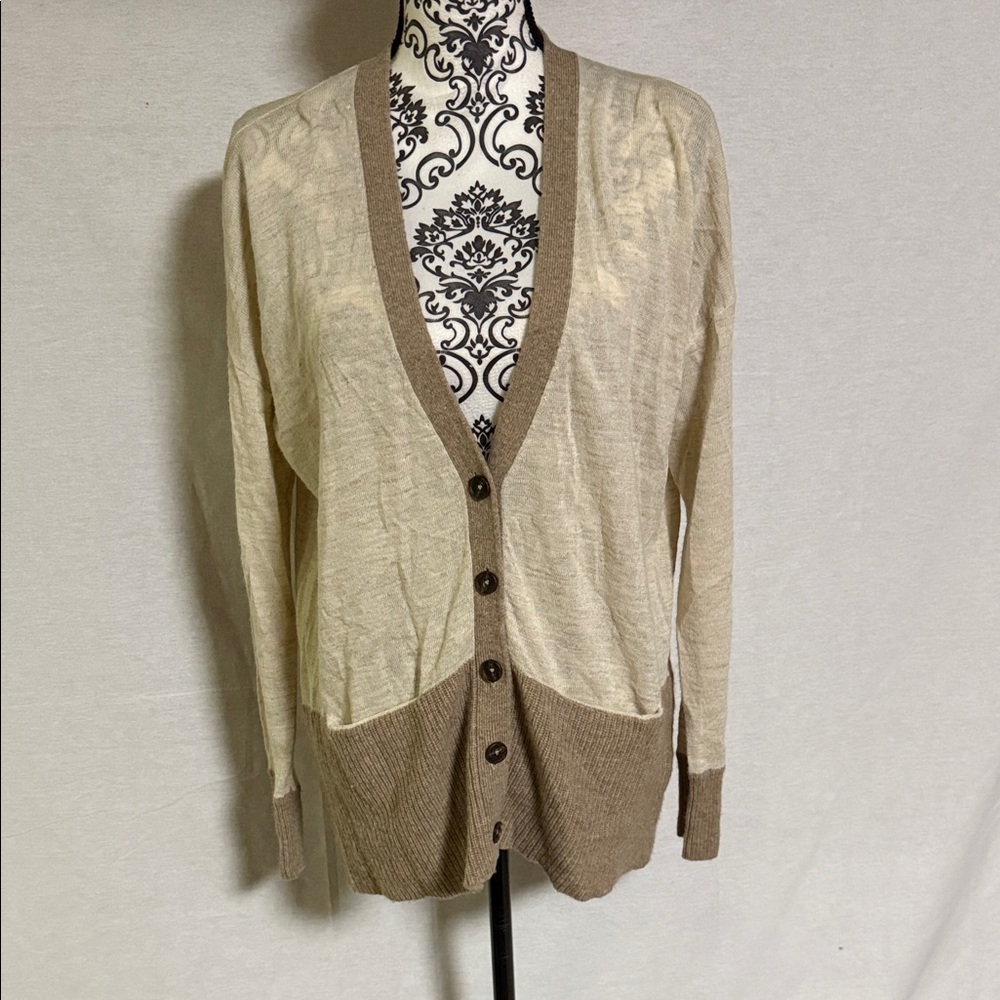 Madewell Yarnmix V-Neck Contrast Cream and Tan Cardigan Button up Sweater EUC